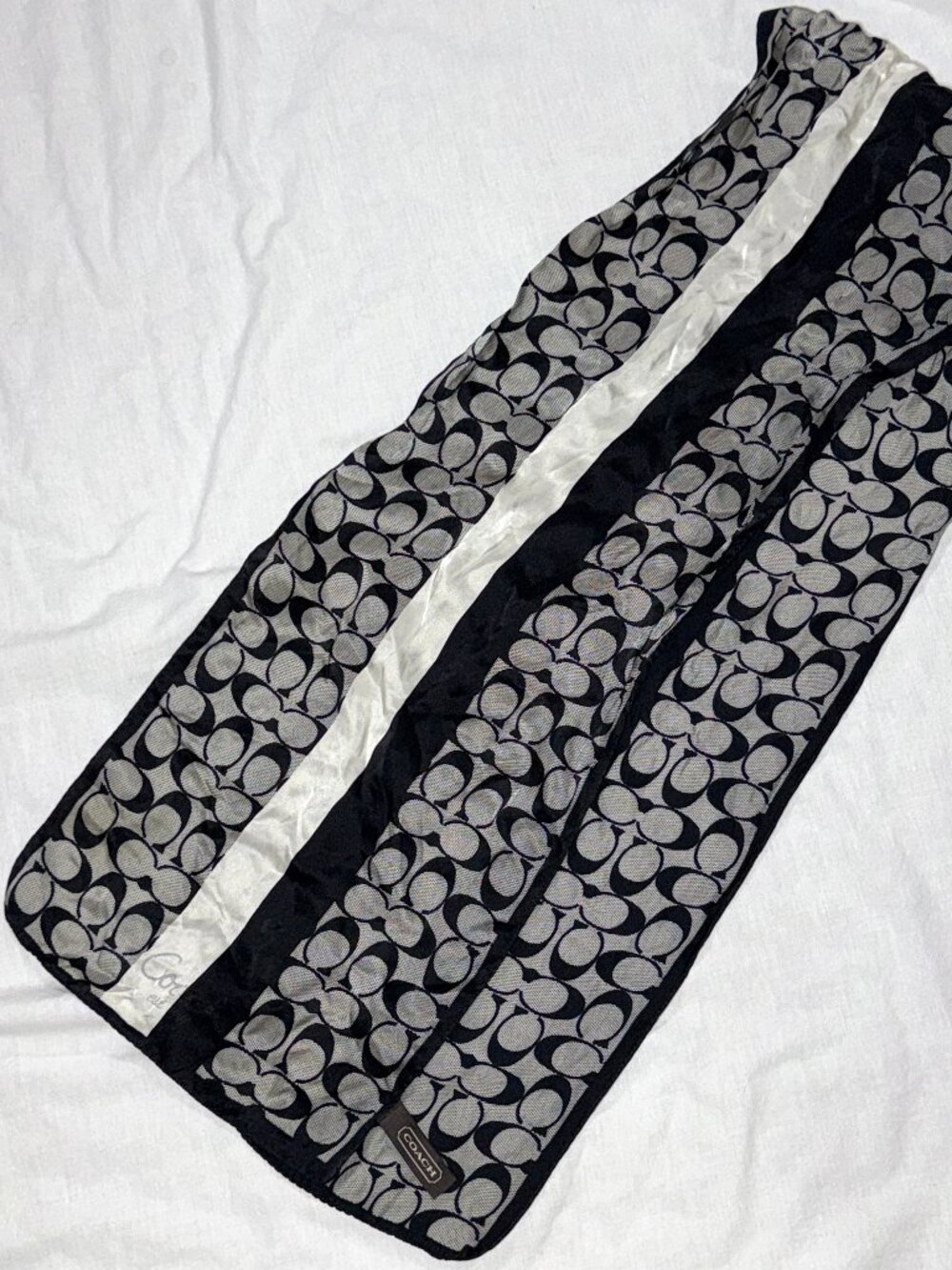 Coach Black White Signature C Logo Monogram Stripe Designer Silk 10X58 Rectangle
